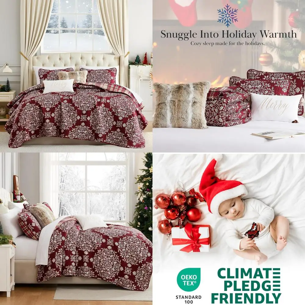 

Reversible Plaid Christmas Bedding Set for Twin/Twin XL, Includes 2 Pillow Shams and Throw Pillow, Festive Holiday Quilt with Lo