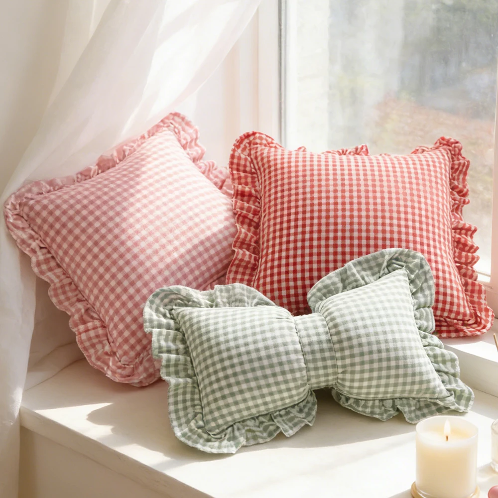 BUYNOW 1PC Plaid Print Cushion Cover Ruffle Pillowcase Soft Home Decor for Sofa Bedroom Living Room Fashion Pillow Cover