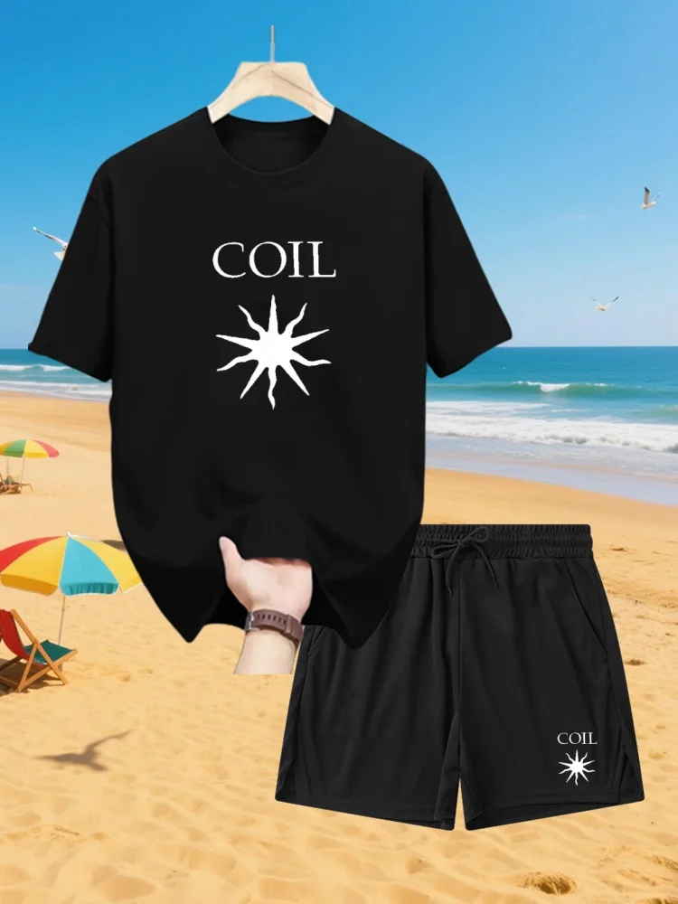 

2025 Summer New Men 2Pcs Sets Summer COIL Print Casual Suit Shirt Shorts Streetwear Shirt Holiday Two Piece Suit