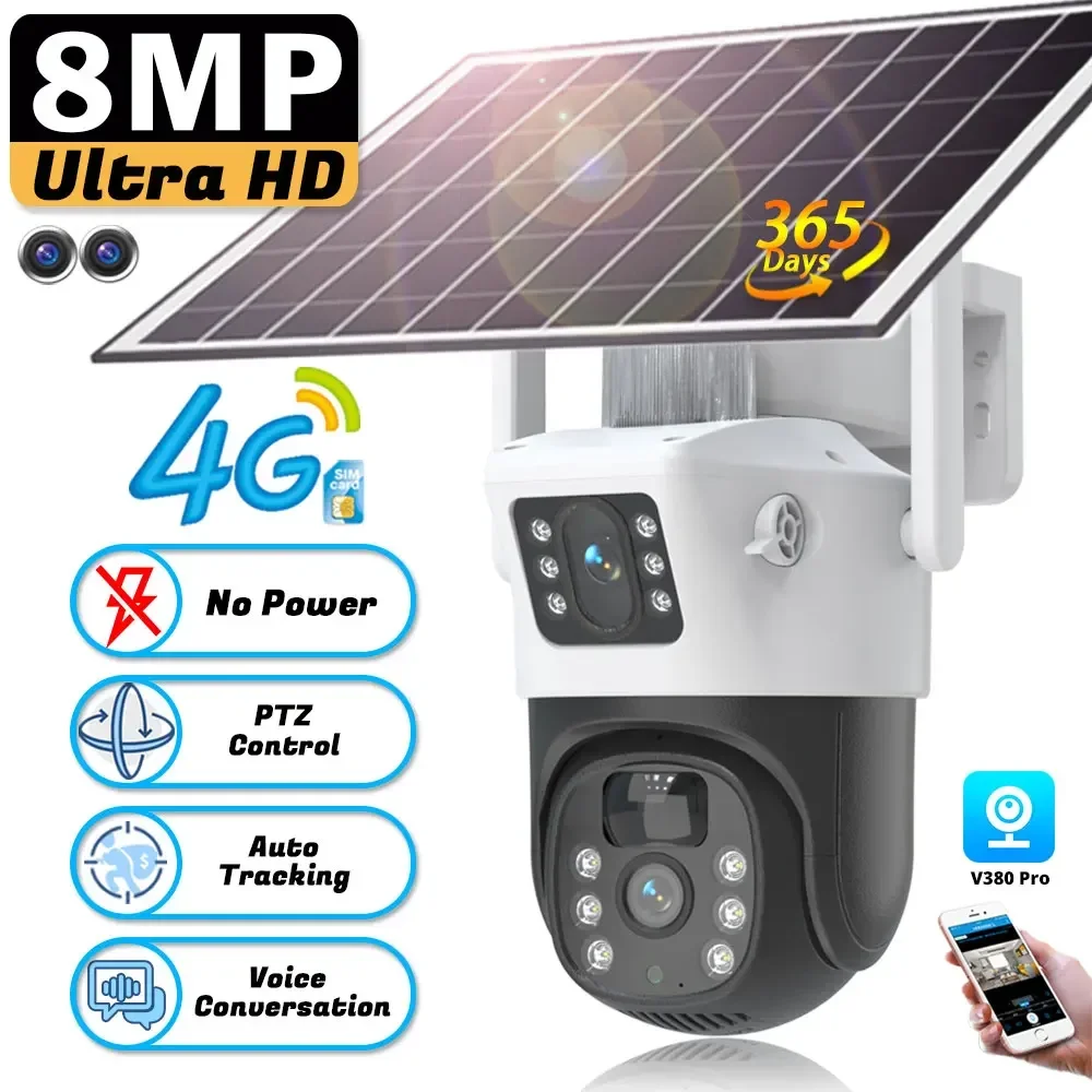 

4K 8MP 4G Solar Camera Dual lens Two Screens PIR Human Tracking Outdoor Wireless Security CCTV Surveillance IP Camera 4G Card