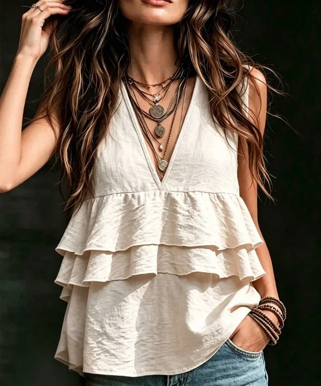 Women's Tropical Plant Print V-Neck Sleeveless Loose Flowy Vacation Casual Dress