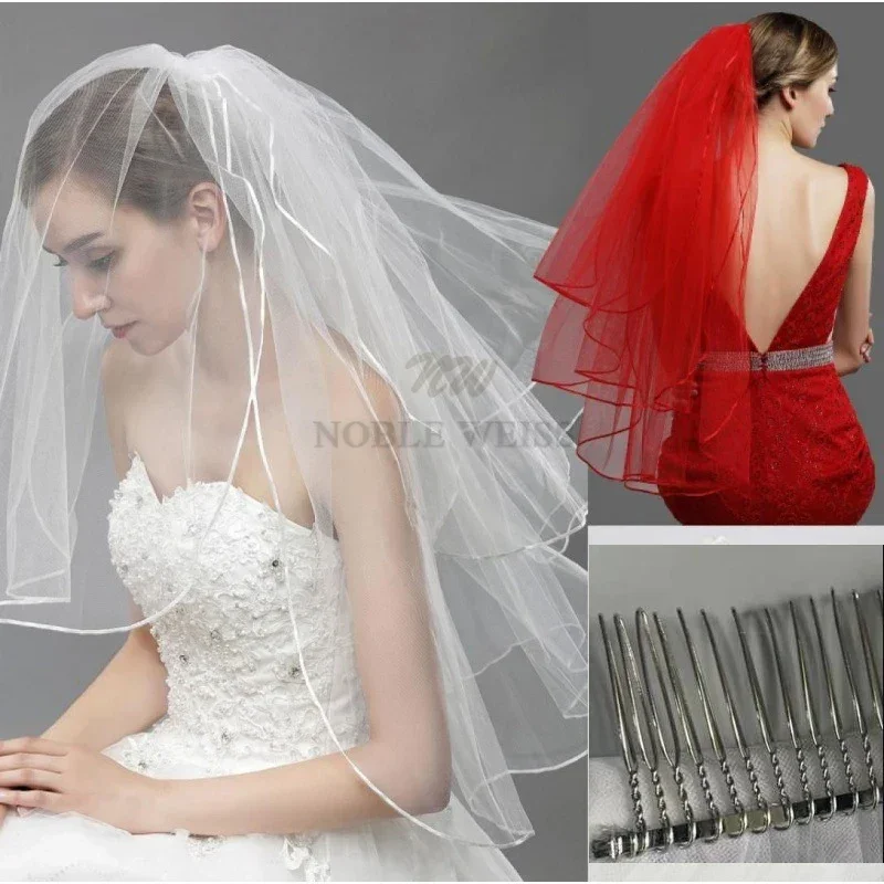 3 Layer Wedding Veil Cover Face Bridal Veils Pencil Edge Bride Veil With Comb Customized