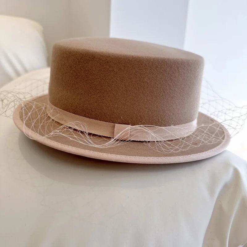 100% Australian wool felt hat French elegant fashion British girl gauze flat top hat high-end women's banquet hat