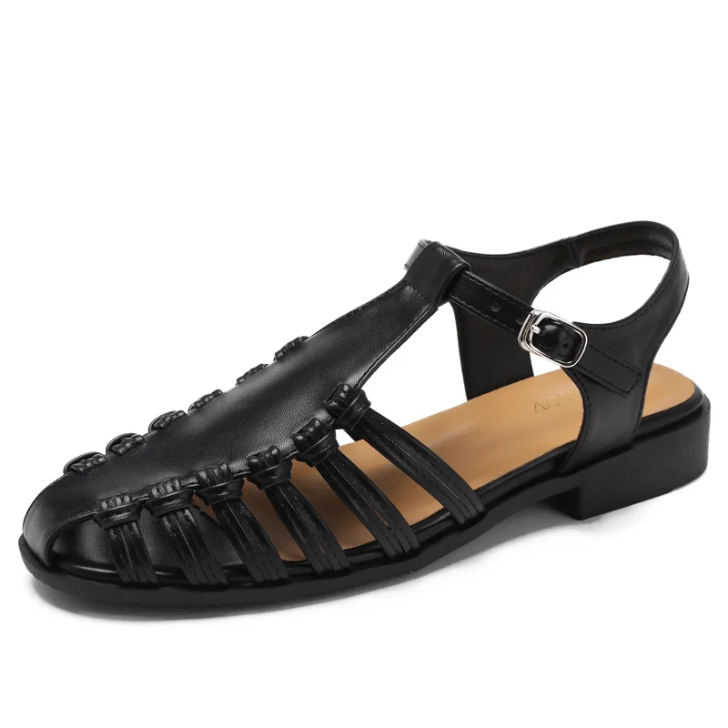

2025 Summer New French Fairy Style Woven Toe Cap Sandals Fashionable Women's Casual Versatile Low Heeled Roman Sandals J017-2