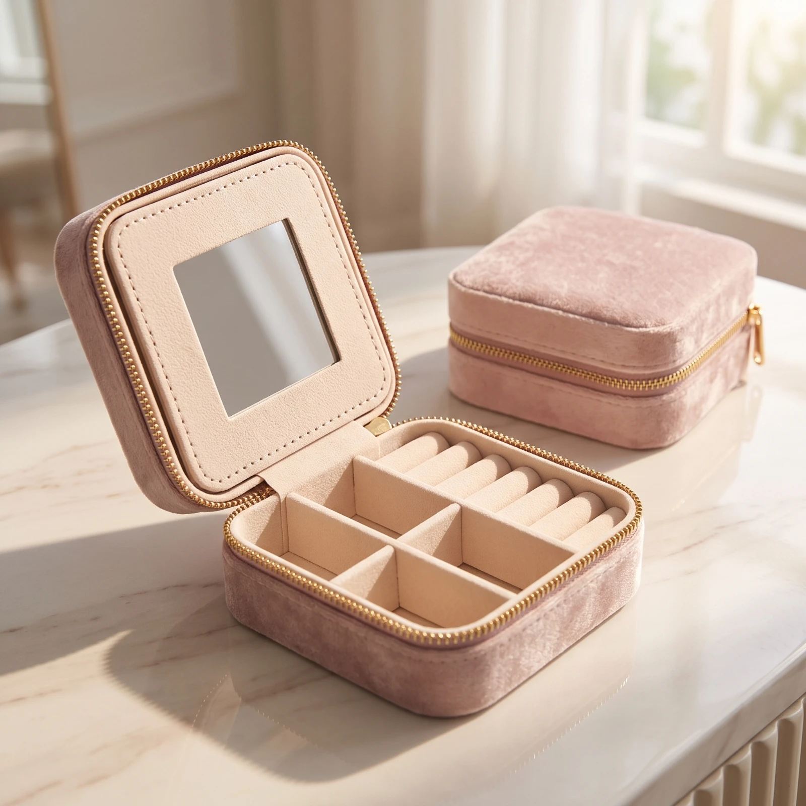 Jewelry Box with Compartments Small Jewelry Box with Mirror Soft Space Saving for Travelers, Dresser