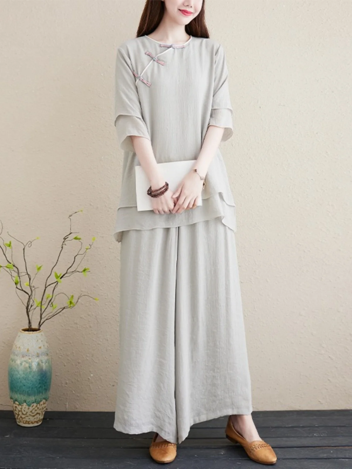 الرجعية القطن الكتان ملابس اليوغا زن دراسة البدلة المرأة الصيف خمر زر الجانب S Zen Sle Layette قطعتين مجموعة #3