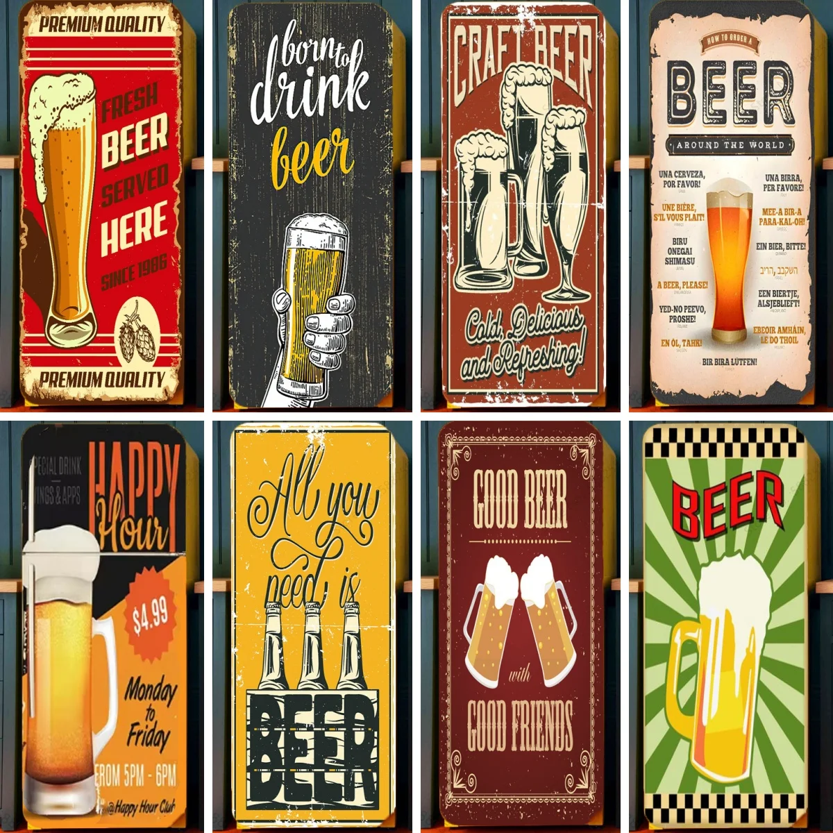 Retro Beer Design Poster Refrigerator Door Wrap Sticker Waterproof PVC Vintage Cheers Hand Drawn Printed Fridge Door Mural Decal