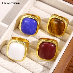 HUANZHI 2024 New Geometric Square Stone Vintage Ring Chunky Gold Color Trend Personality Jewelry for Women