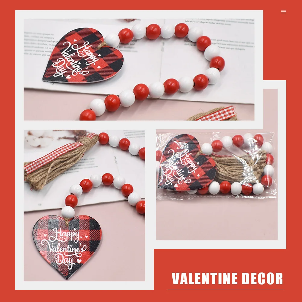 

Valentine Beaded Garland Wooden Beads Garland Decor Natural Wood String Tassel Heart Pendant Ideal for Home Wall Stair