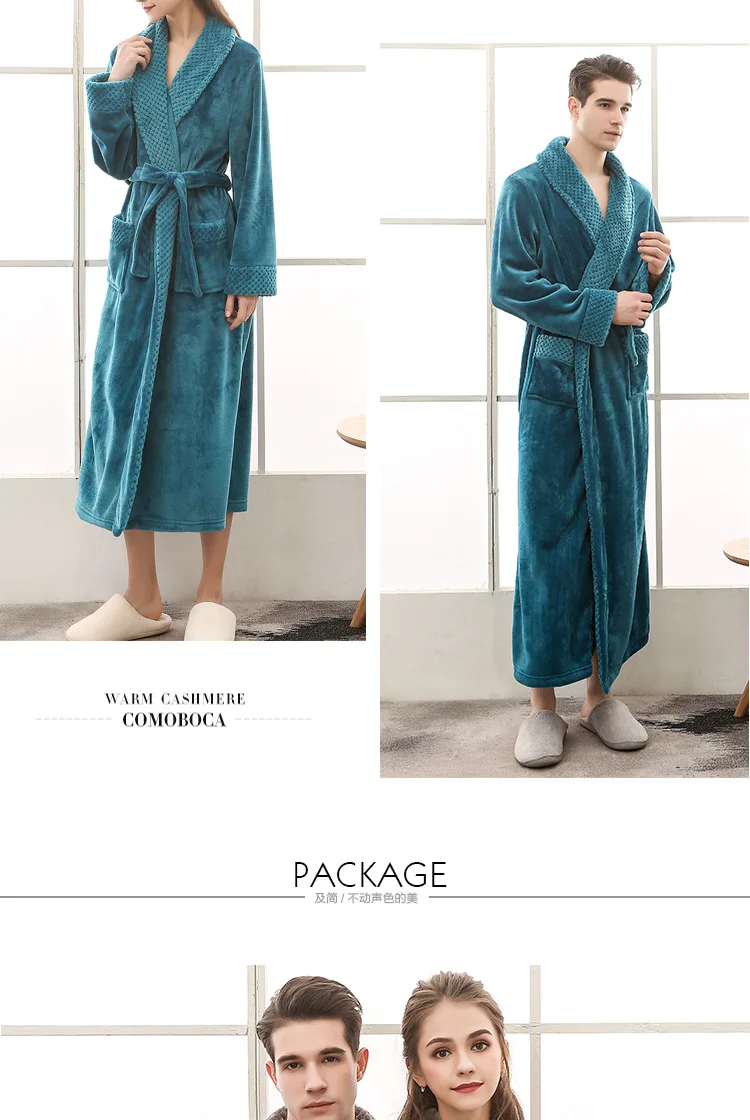 Warmer Winter-Bade- und Schlaf-Loungewear aus weichem Plüsch für Herren, stilvoller, gemütlicher, passender, langer Nerz-Fleece-Patchwork-Bademantel für Paare – Detail 8