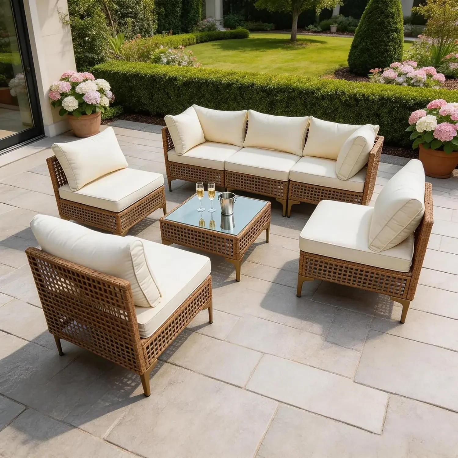 

7pc Patio Wicker Sectional Sofa Thick Cushions Coffee Table Backyard Garden Porch, Custom