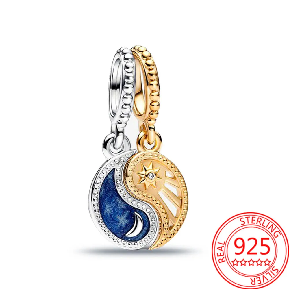 New 925 Sterling Silver The Yin & Yang Two-tone Splittable Sun & Moon Dangle Charm Fit Bracelet Trinket Women Jewelry