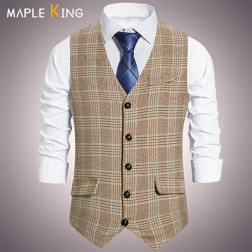 Classic Wedding Dress Mens Plaid Suit Vest Waistcoat Vintage Business Formal Vest Sleeveless Jacket Men Tudexo Suits Gilet Homme
