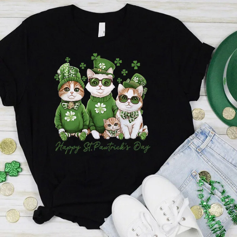 Happy St Patricks Day Shirt St Patricks Cats Tee Funny St Patricks Irish Shamrock Women Clothes Cat Lover Tops Vintage m