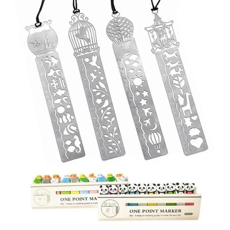4 Pcs Metal Bookmark Ruler with 2 Pack Random Sticky Notes, Hollow Out Stainless Steel Drawing Ruler Painting Stencils Scale Tem