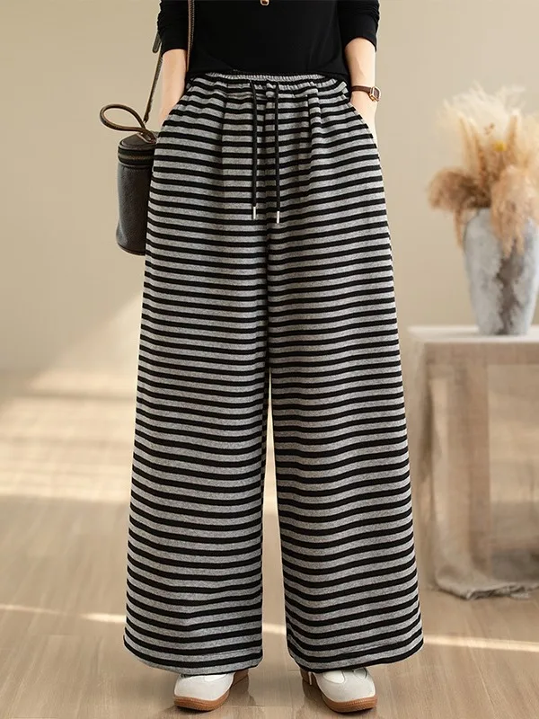 Thickened Fleece Wide Leg Pants Women's Casual Stripe Straight Cut Winter Lazy Style plus Size Drapey Versatile Loose Long Tr...