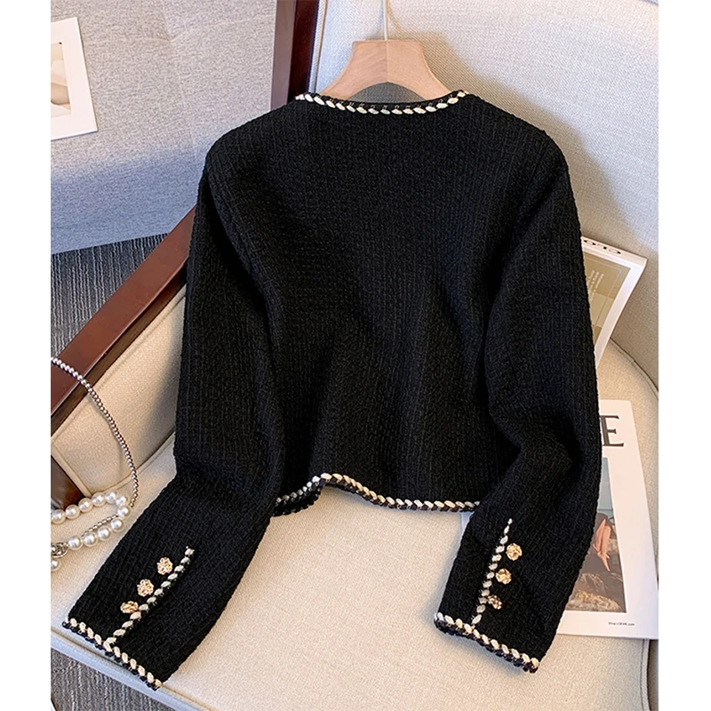 MEXZT giacca corta in Tweed nera da donna tuta Vintage cappotto trapuntato giacca corta invernale da donna coreana elegante capispalla spessa top