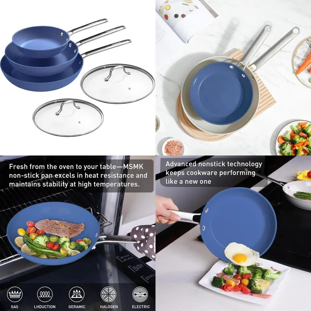 

5-Piece Ceramic Nonstick Pan Set - 8, 10, 12 Inch Frying Pans with Glass Lids and Cool Handles, Perfect for Everyday Cooking