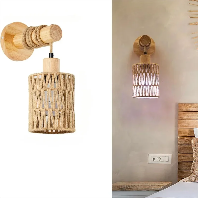 Hemp Rope Cylindrical Style Wall Lights Popular Style Led Rattan Wall Lampshade for Bedroom Hotel Decoration Lighting Fixture