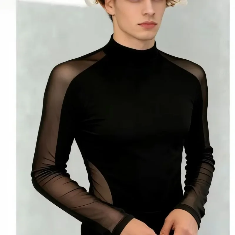 Large Size Men's Black Mesh Long-sleeved T-shirt Perspective Elastic Tights Bottoming Shirt Night Men's Model Clothes
