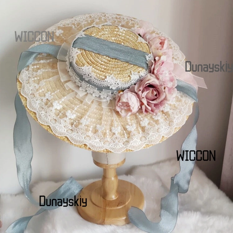 Пастельная соломенная шляпа Лолиты Cottagecore с цветочным принтом, французский капот с широкими полями, шелковые ленты, элегантная шляпа от солнца, фея Kei/косплей, Хэллоуин