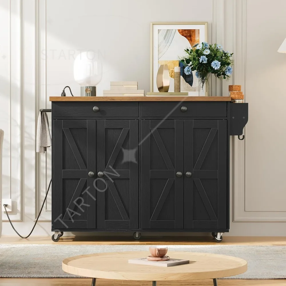 

Kitchen Island with Power Outlet,Rolling Island with Storage, Kitchen Cart with Spice Rack and Hooks