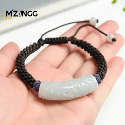 Natural A-grade Jadeite Carved Curved Bar Blessing Continuous Bracelet Hand-woven Transit Men and Women Models Couple Bracelet