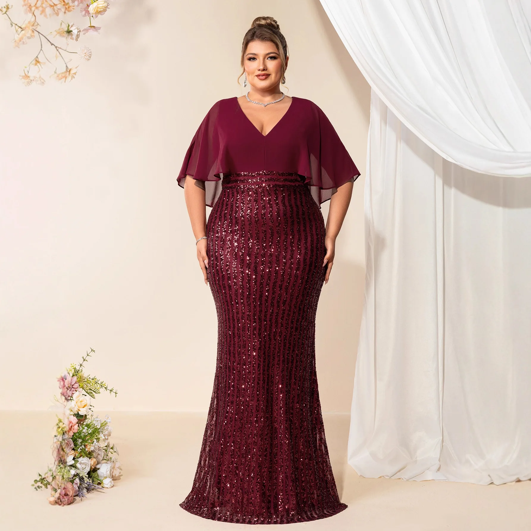 New Women's Chiffon Patchwork Sequin V-Neck Mid-Waist Short Sleeve Formal Commute Party Plus-Size Evening Gown1554