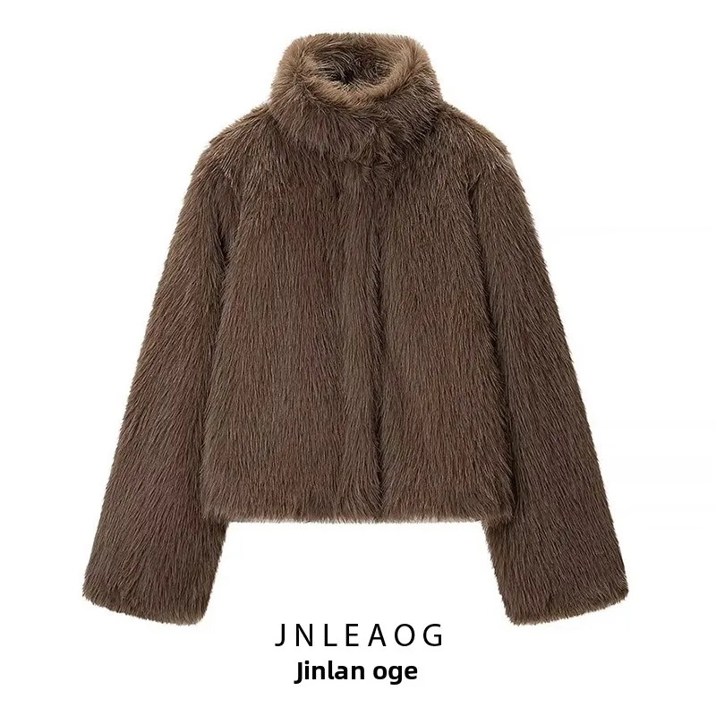 

Faionable All-Match Fur Jaet Women's ort Outerwear Autumn New Sle JNLEAOG Stand Fit Long Sve Polyester Coat