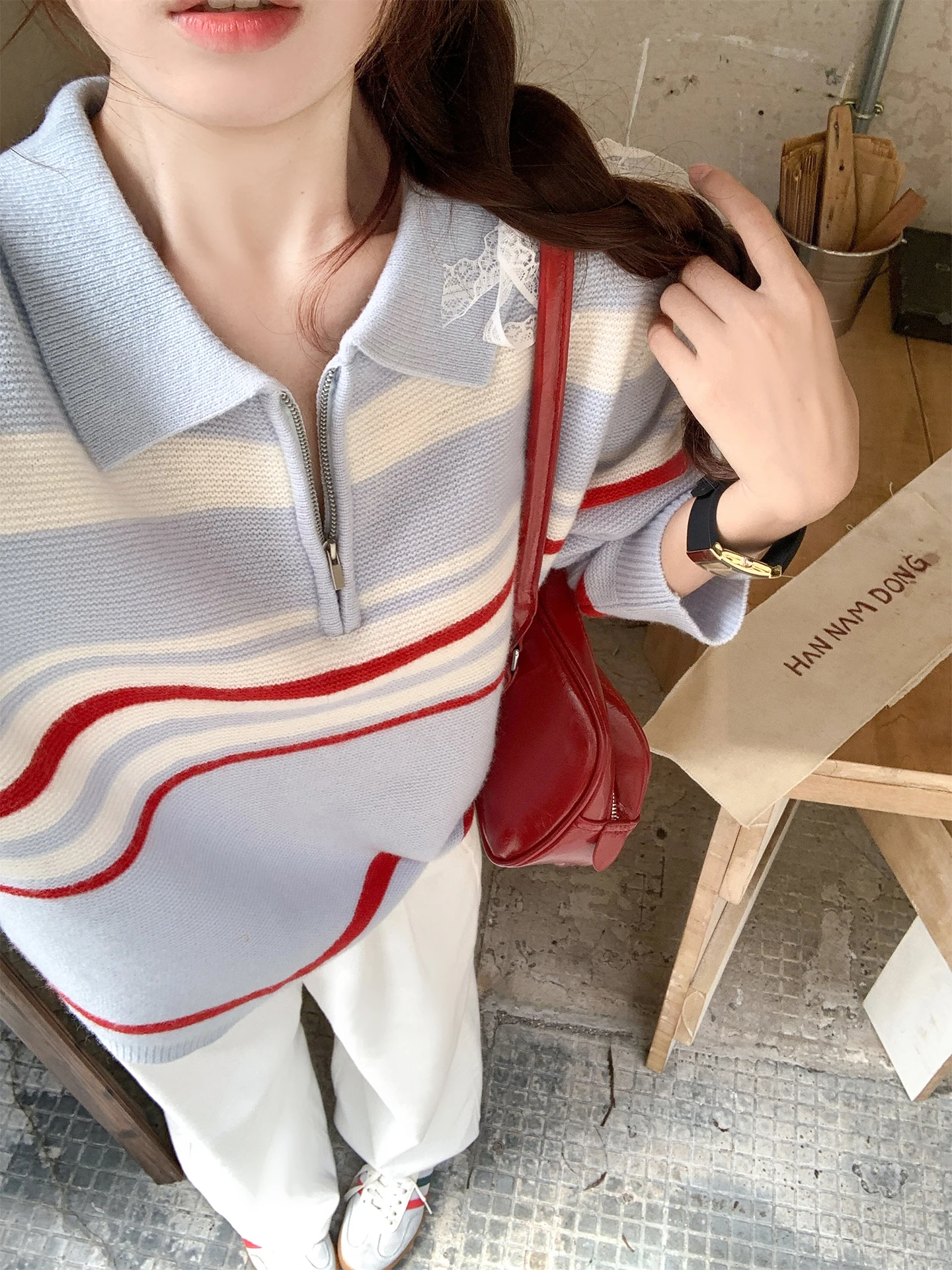 

Свободный крой Long Sve Ne Трикотаж Женский топ в синюю полоску Ранняя осень Новый корейский Sle Повседневная мода