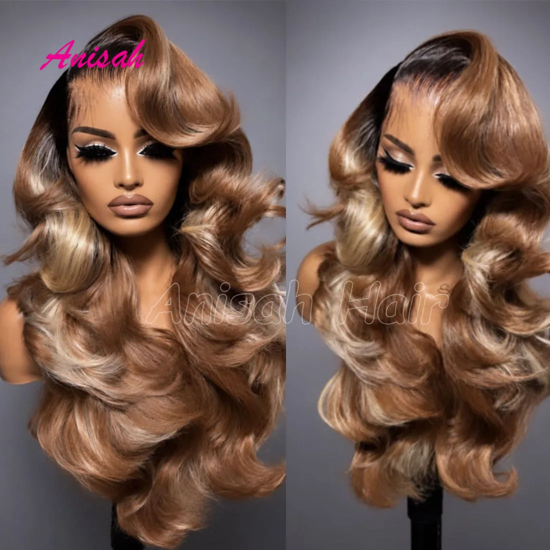 Ombre Brown Honey Blonde Balayage Body Wave Human Hair Lace Front Glueless Wig Fluffy Colored Human Hair Wig
