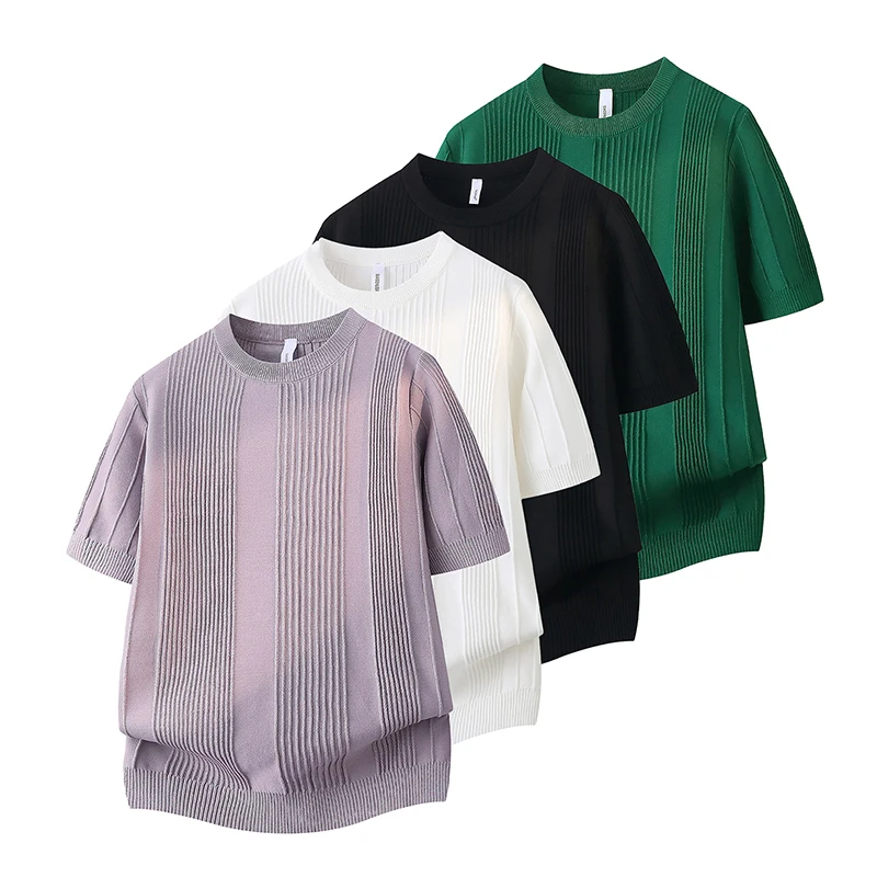 

Men's Summer O-Neck Short Sleeve T-Shirt Simple Solid Vertical-Striped Casual Men's Slim-Fit Top Comfort Mens Homewear Tops