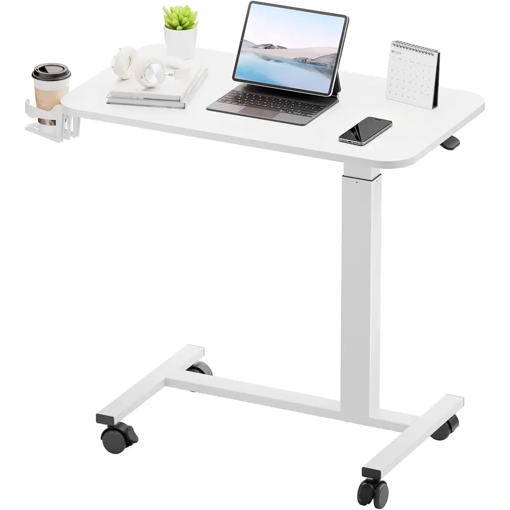 

Small Standing Desk with Wheels, Pneumatic Mobile Rolling Laptop Desk, Adjustable Height Overbed Bede Table Computer Workstation