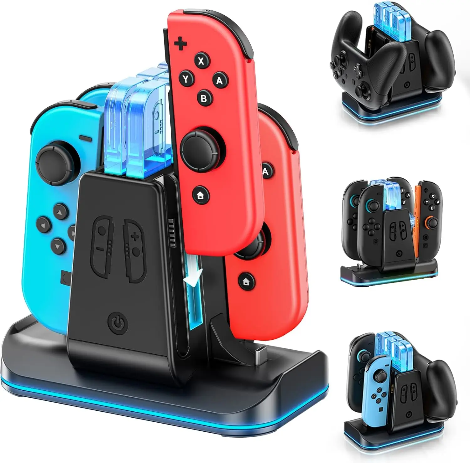 For Switch 1/2 Joycon & Pro Controller Charge Stand, 6 in 1 Charging Station for 4 Joycons/2 Pro Controllers with 9 Light Modes