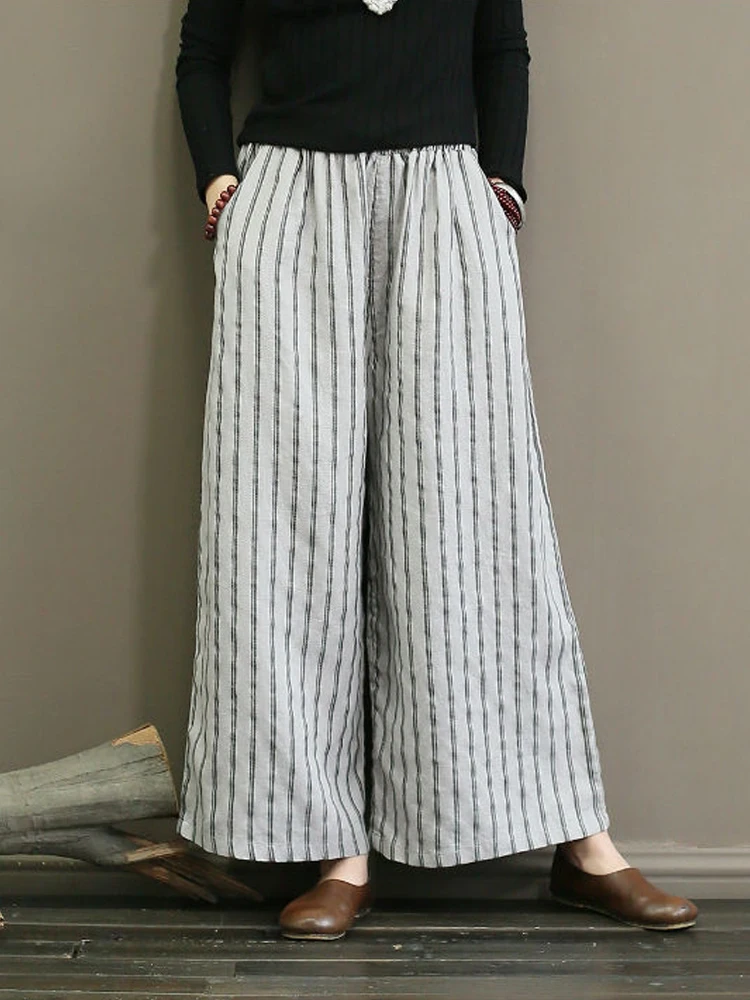 Literary Casual Women Pants 2024 New Autumn Oversized Cotton Blended Stripe Wide Leg Pants Vintage Straight Loose Trousers