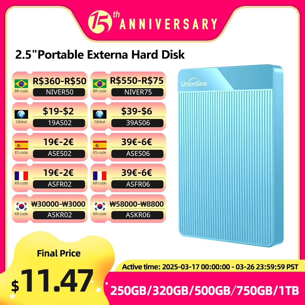 محرك الأقراص الصلبة الخارجي المحمول UnionSine HDD مقاس 2.5 بوصة، 320 جيجابايت/500 جيجابايت/750 جيجابايت/1 تيرابايت، تخزين USB3.0 متوافق مع أجهزة الكمبيوتر الشخصية، ماك، سطح المكتب، ماك بوك