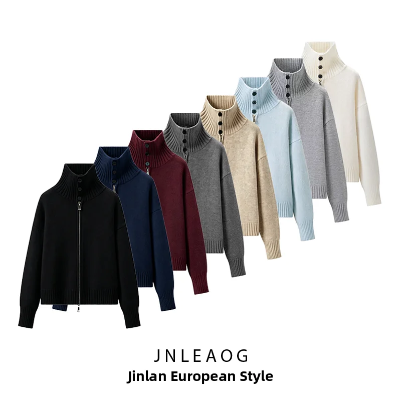 JNLEAOG Autumn New Women's Comfortable Casual Knitted Stand Collar Multi-Color Double Head Zipper Open Cardigan Fashion Style