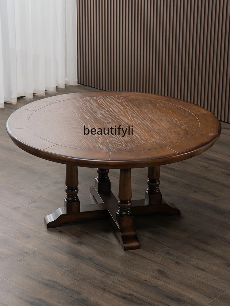 American Solid Wood Round Black Walnut Color European Style Large round  Banquet Home Dining Table and Chair Retro Table