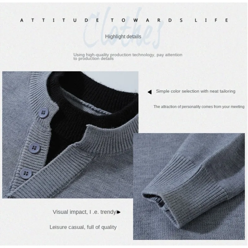 Herren-Strickpullover im Old-Money-Stil mit Henley-Kragen, locker geschnitten, Oversize, Plus Size, lässige Strickware, Oberbekleidung für den Alltag – Detail 11