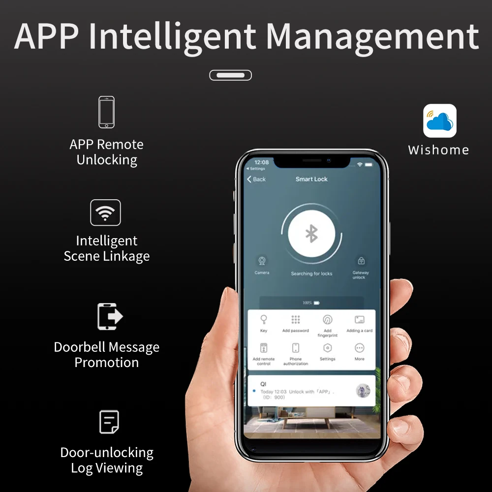 Wishome app bloqueio inteligente 3d reconhecimento facial senha de impressão digital fechadura da porta inteligente campainha embutida com instantâneo anti-roubo