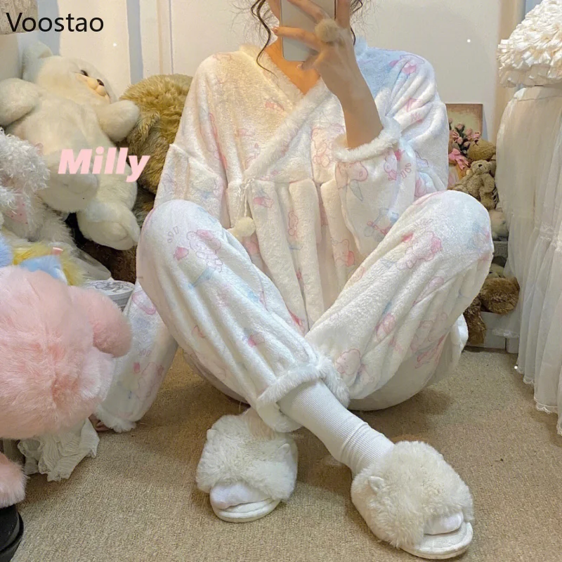 Autumn Winter Sweet Lolita Style Pajama Sets Women Kawaii Cartoon Bear Print Warm Sleepwear Girls Cute Coral Fleece Nightwear