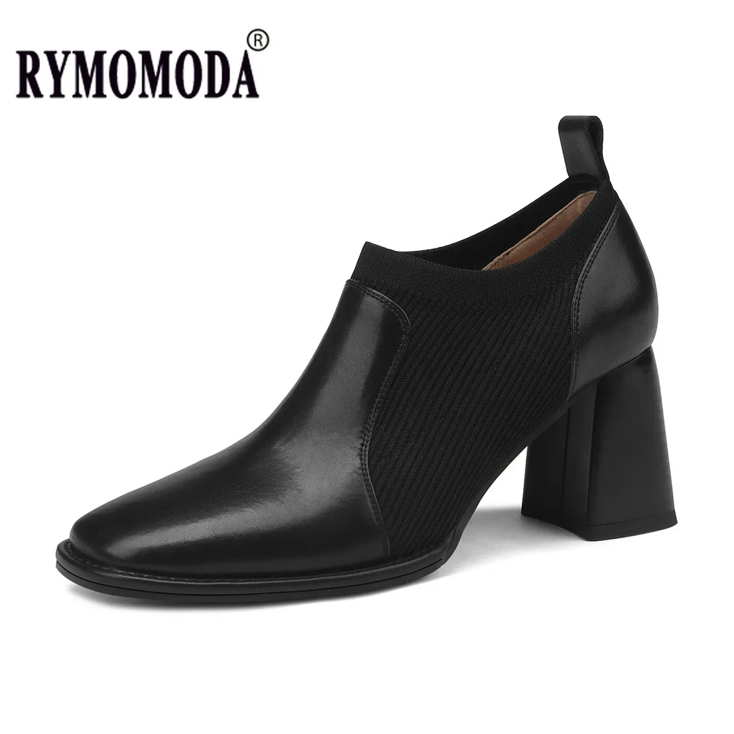 

High Heels Women Cow Split Leather Black Pigskin Lining and Insole Office Dress Knit Sock Pumps Spring Autumn Shoes Big Size 42