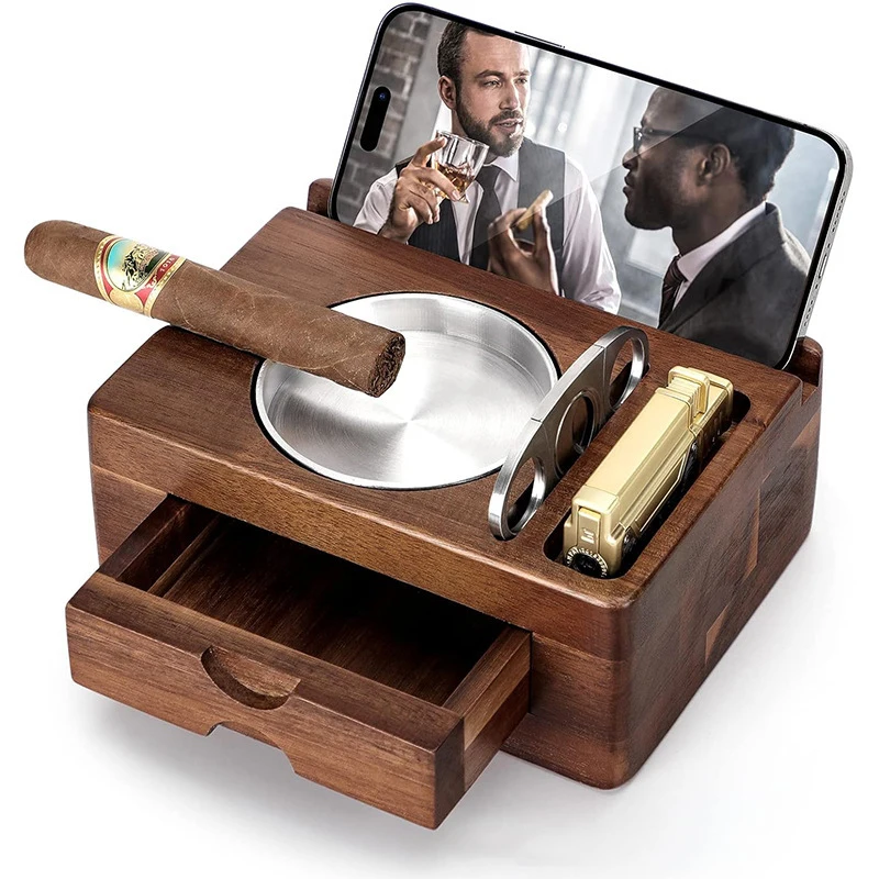 

Wooden Cigar Ashtray Set Ashtray with Jar Tray Cutter Holder Drawer Cigar Slot Cigar Cutter Accessories Gifts for Men