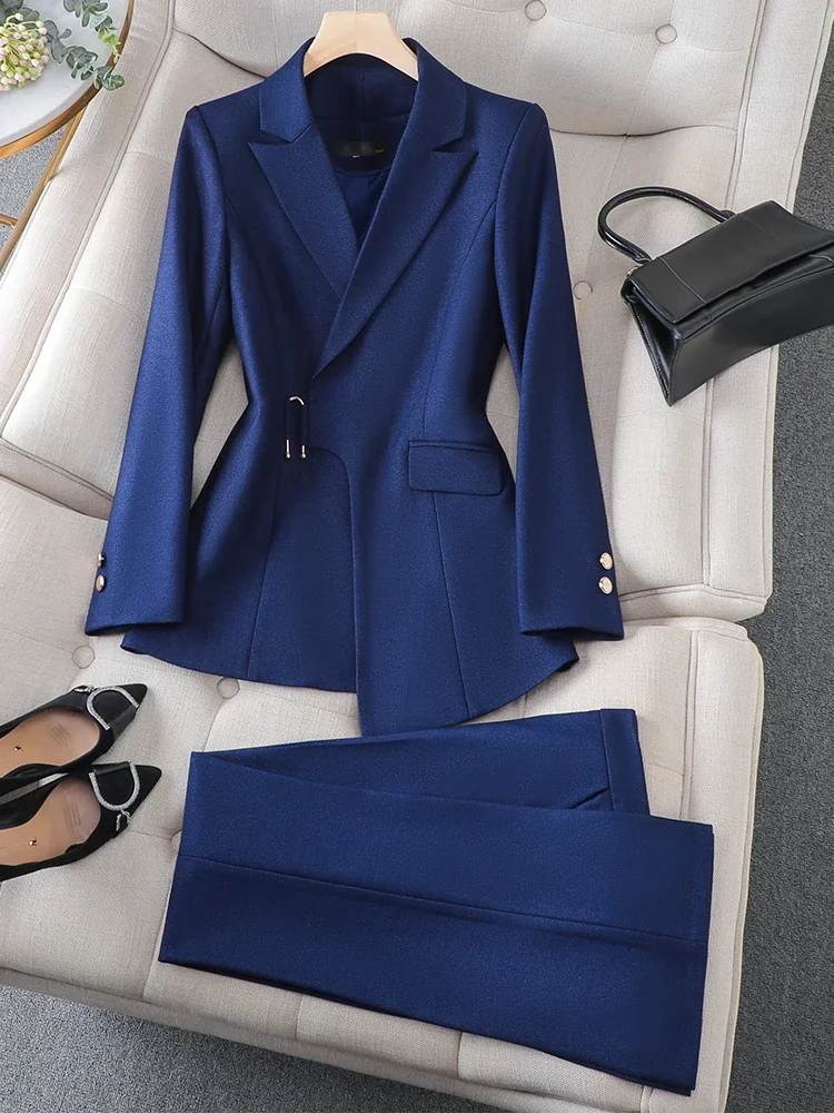 Blue Formal Women Pant Suit Sets Brown Navy Black Fashion Jacket+Trouser Business Work Wear 2 Piece Blazer For Autumn Winter