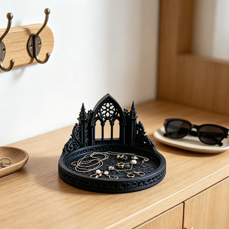 Gothic Cathedral Window 3D Printed Jewelry Tray Black Vintage Castle Trinket Dish Dark Academia Ring Necklace Storage Holder