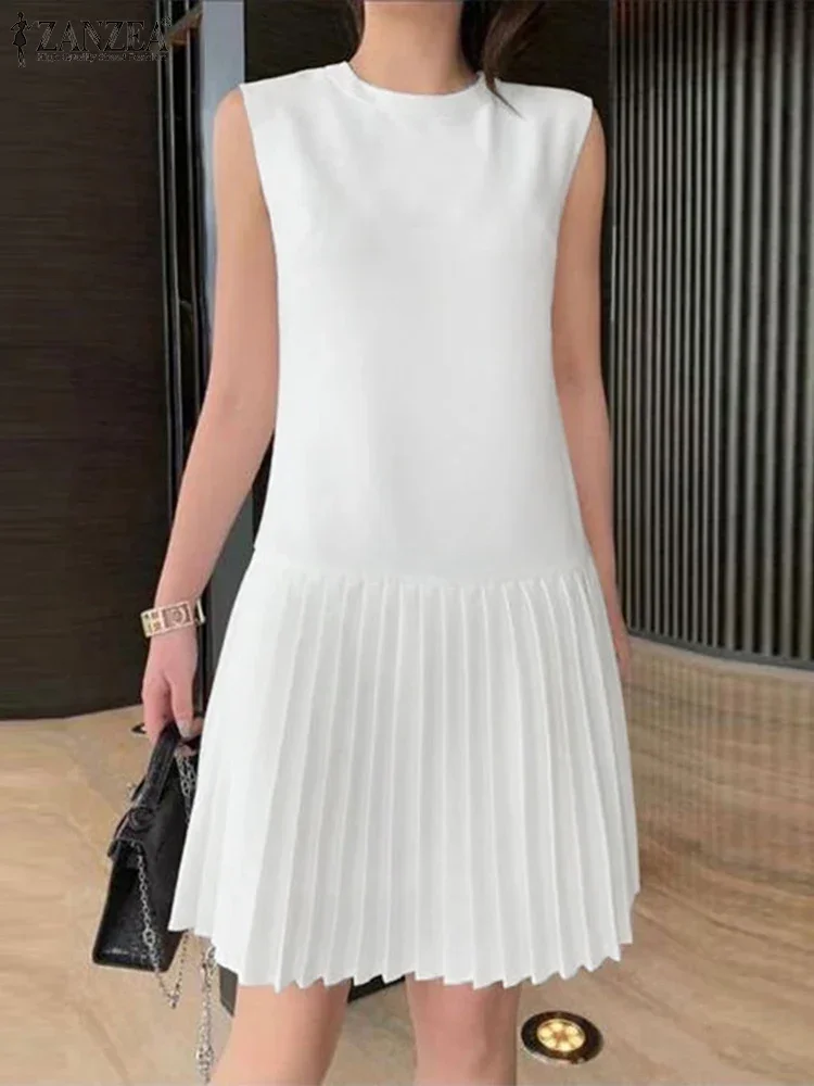 ZANZEA 2025 été sans manches plissé Mini robe femmes élégant fête réservoir robes dames décontracté couleur unie courte robe d'été