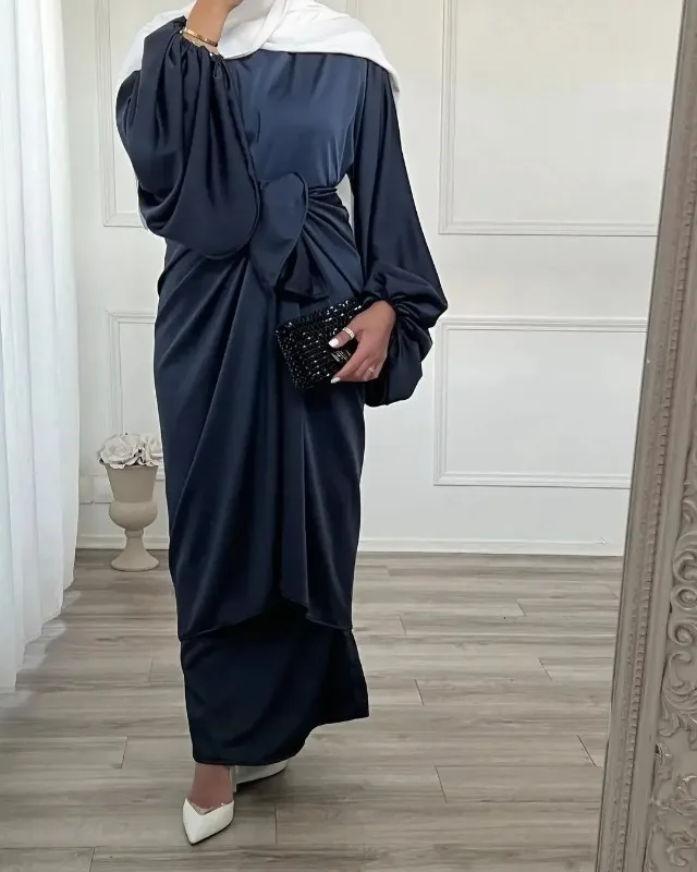 

Ramadan 2 Piece Silky Satin Abaya Dress with Wrap Front Skirt Arabic Long Hijab Dresses for Muslim Women Dubai Islamic Clothing