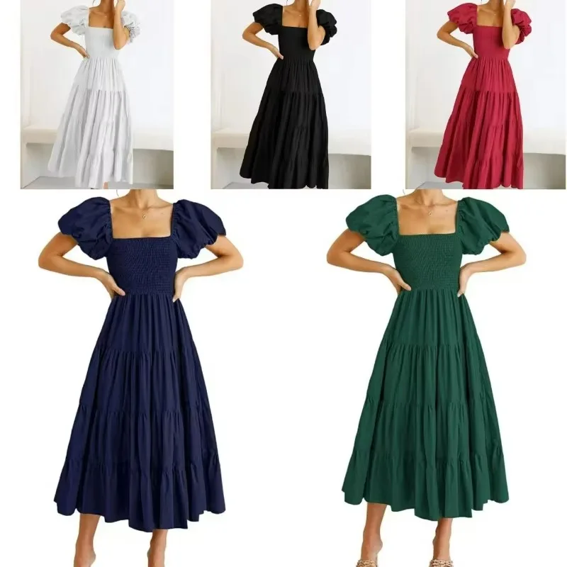 

Summer Solid Color Square Neck Long Dresses Woman Elegant Puff Sleeve Holiday Dress Casual Off Shoulder Maxi Dress