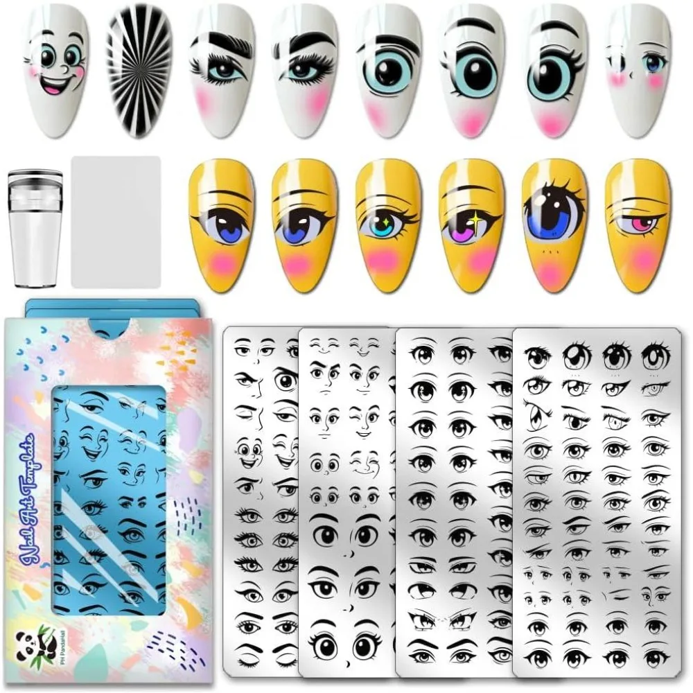 4pcs Comic Eyes Nail Stamping Plates Cartoon Eyes Nails Art Stencils Facial Expression Nails Image Plate