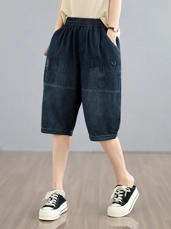 

Retro Embroidered Six-Foot Women's Jeans Elastic Waist Loose Fit Blue Cotton Polyester Blend Summer Fashion Ladies Pants